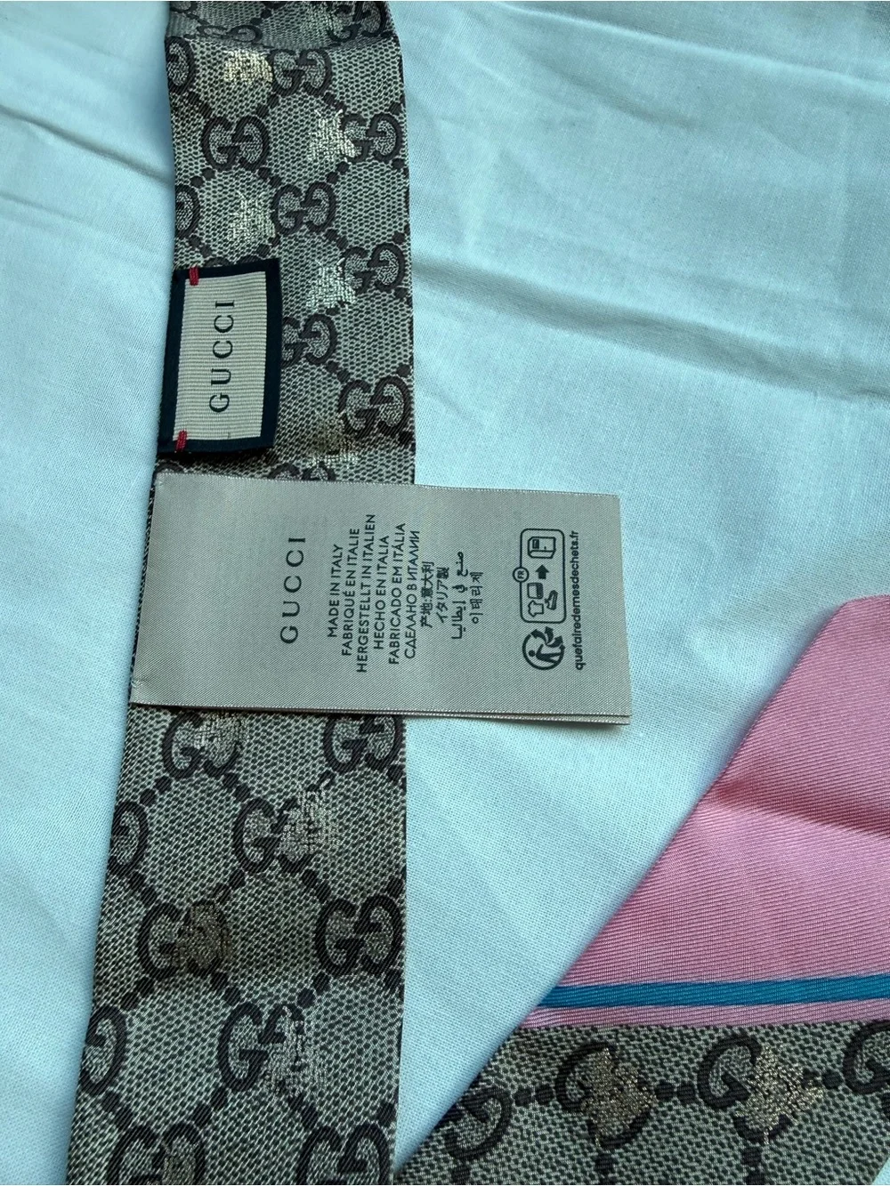 Gucci Beige and Brown GG Silk Twilly with Pink Edge